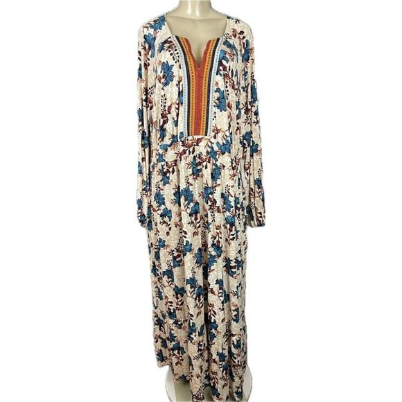 Roaman's +22/24 Fall Colors Floral Split Neck Long Sleeve Boho Style Maxi Dress - Picture 2 of 6